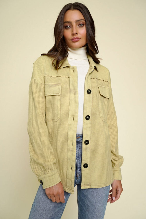 Mystree Long Sleeve Washed Waffle Shirt / Jacket Shacket 100% Cotton