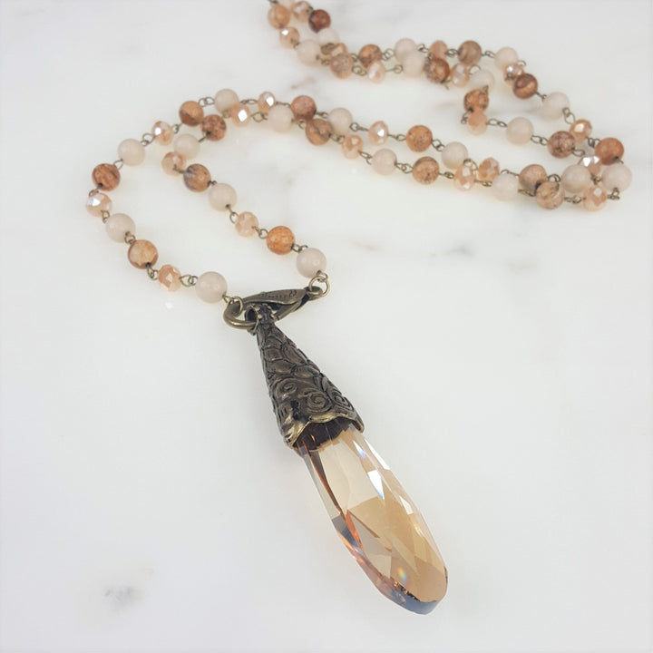 Natural Stone Long Necklace with Large Crystal Pendant