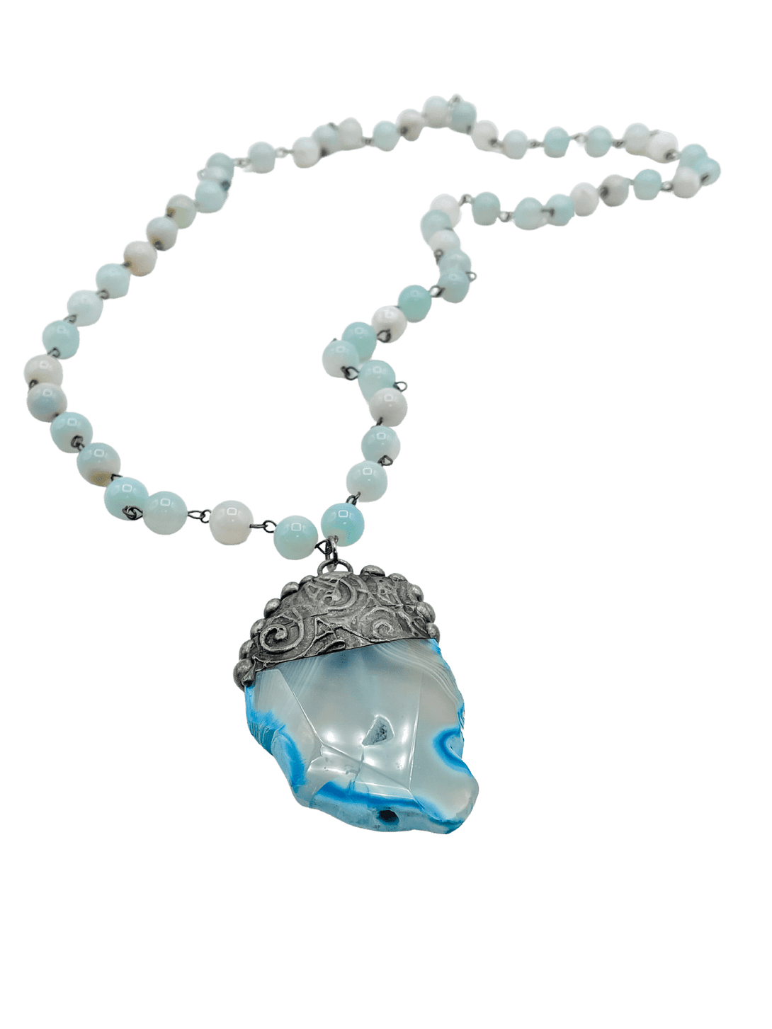 Necklace with Large Beads in Blues and Greens and Amazing Stone Pendant