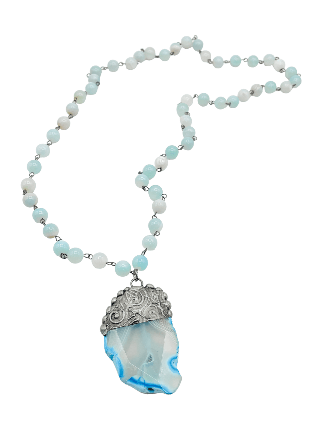 Necklace with Large Beads in Blues and Greens and Amazing Stone Pendant