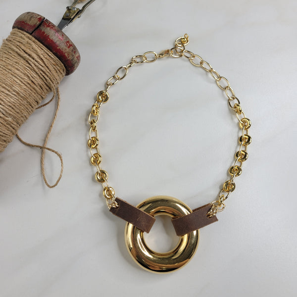 Bold Statement Necklace with Gold Vintage Loops, Leather Straps, and Round Centerpiece