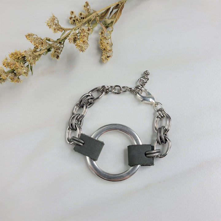 Nixie Cable Chain Bracelet with Leather Straps and Ring Centerpiece - Handmade Indie Jewelry