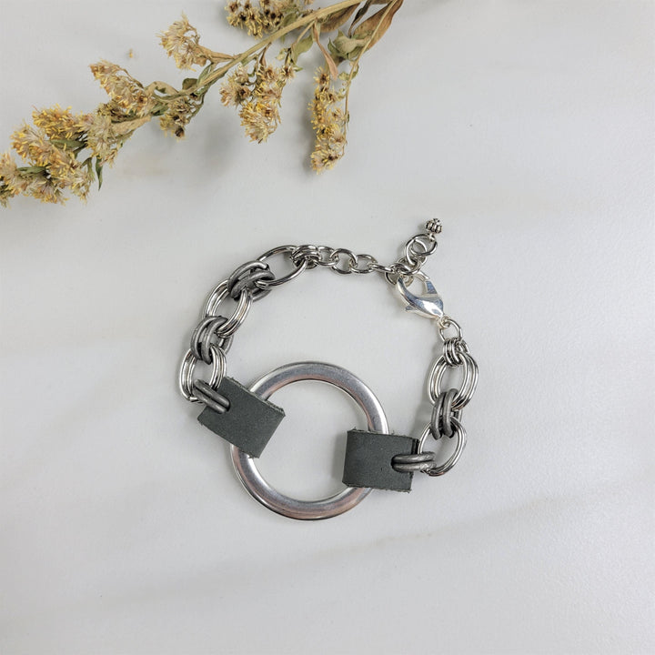 Nixie Cable Chain Bracelet with Leather Straps and Ring Centerpiece - Handmade Indie Jewelry