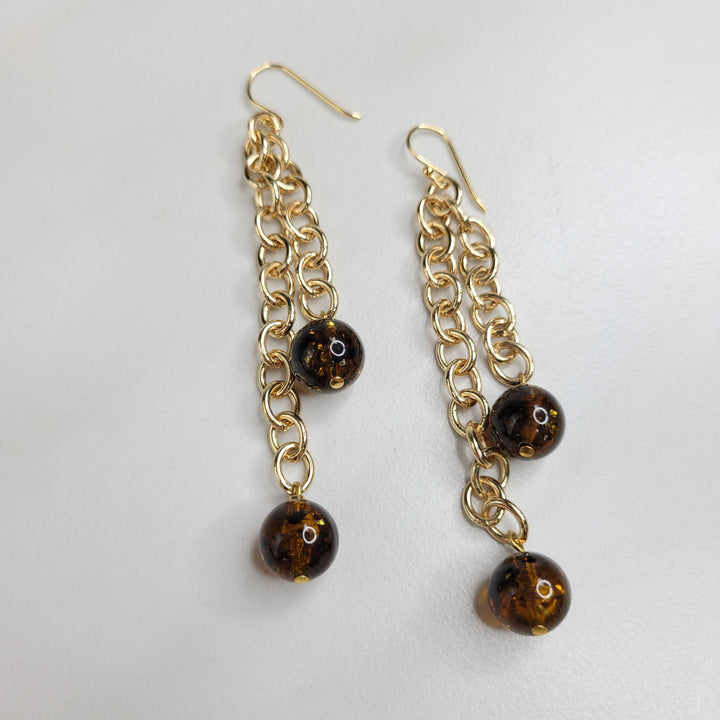 Nova Dangle Earrings for Pierced Ears Handmade with Gold Chain and Glittery Vintage Galaxy Beads