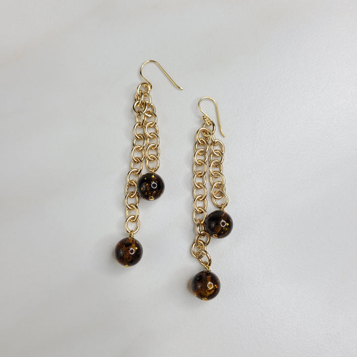 Handmade Earrings with Two Gold Plated Chains and Dangling Vintage Galaxy Glittering Beads - Stylish Boho Dangle Earrings for Pierced Ears