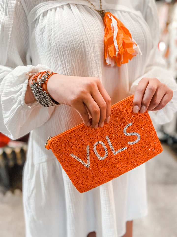 Orange Beaded Crossbody Handbag with "VOLS" on Front, Strap Sold Separately