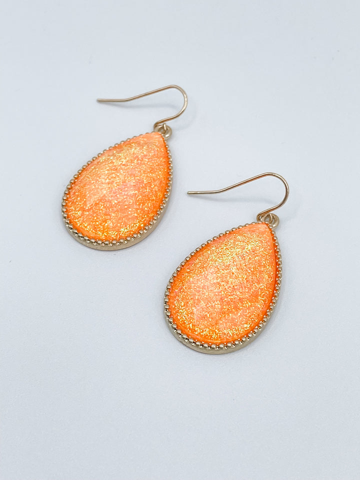 Orange Glitter Teardrop Earrings