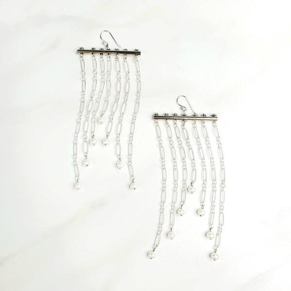 Paloma Statement Earrings with Long Silver Chain Strands and Freshwater Pearls