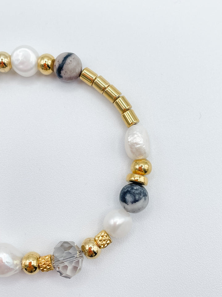 Pearl, Grey Agate and Gold Bracelet