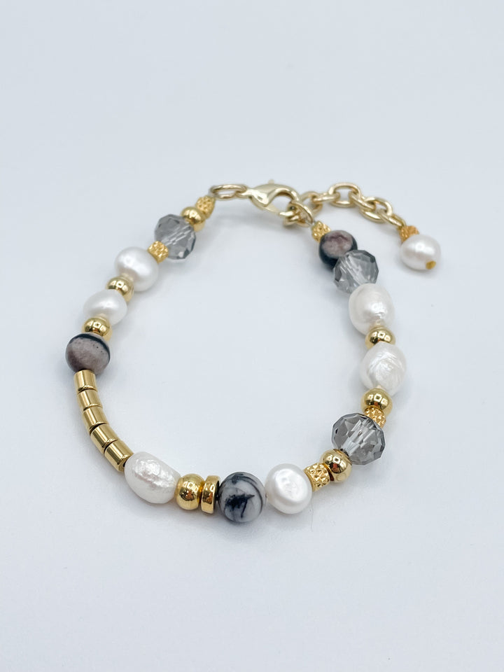 Pearl, Grey Agate and Gold Bracelet