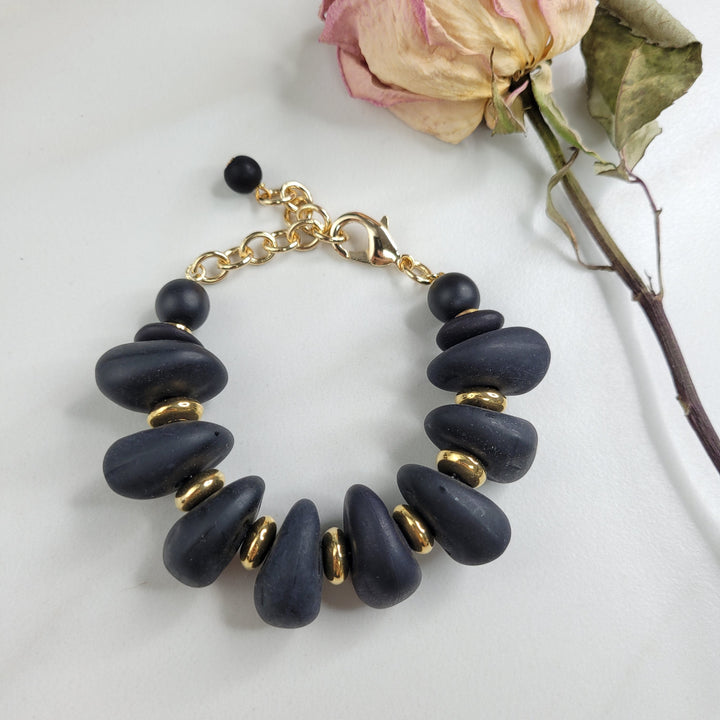 Handmade Bracelet with Black Lava Vintage Beads - Exotic Black and Gold Chunky Bracelet