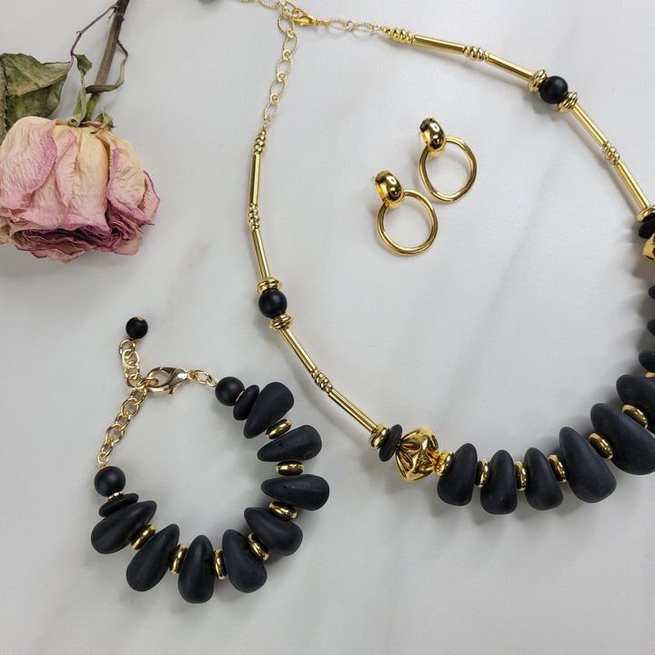 Pele Bracelet with Vintage Gold and Black Lava Beads - Handmade