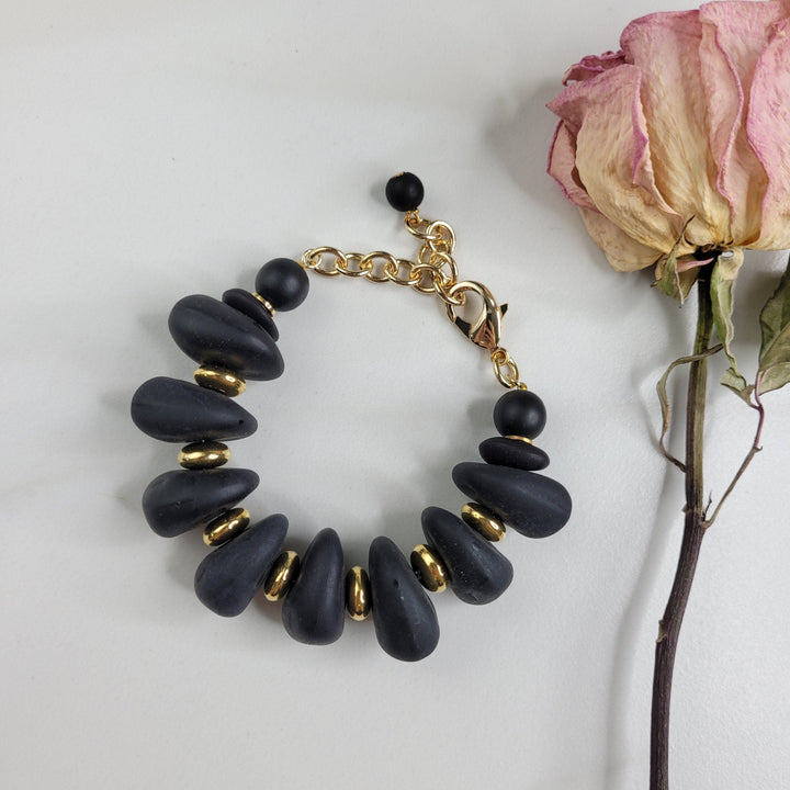 Pele Bracelet with Vintage Gold and Black Lava Beads - Handmade