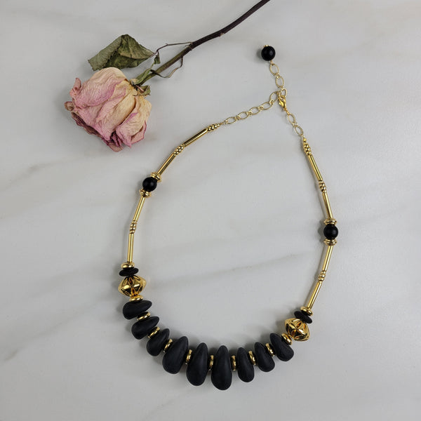 Handmade Statement Necklace with Vintage Gold Beads and Vintage Black Lava Beads - Bold and Elegant Jewelry