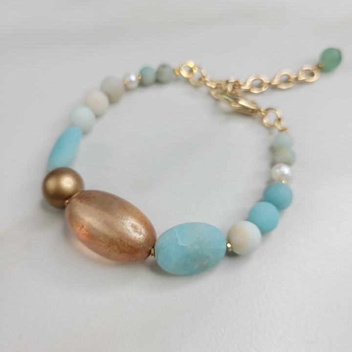 Handmade Bracelet with Vintage Italian Elements, Amazonite Stone Beads and Freshwater Pearls