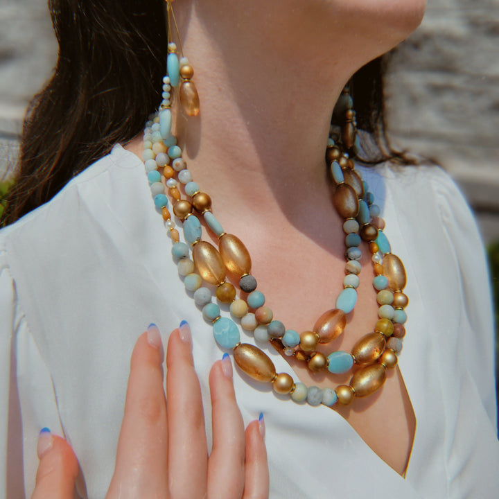 Handmade Necklace with Vintage Italian Elements and Natural Amazonite Stone and Freshwater Pearls