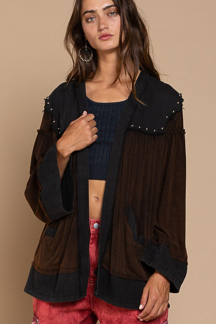 POL Clothing Open Cardigan with Stud Detailing on Chest