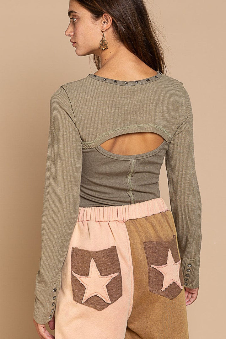 POL Clothing Top with Cut Out Detail on Front and Star Stud Neckline Detail