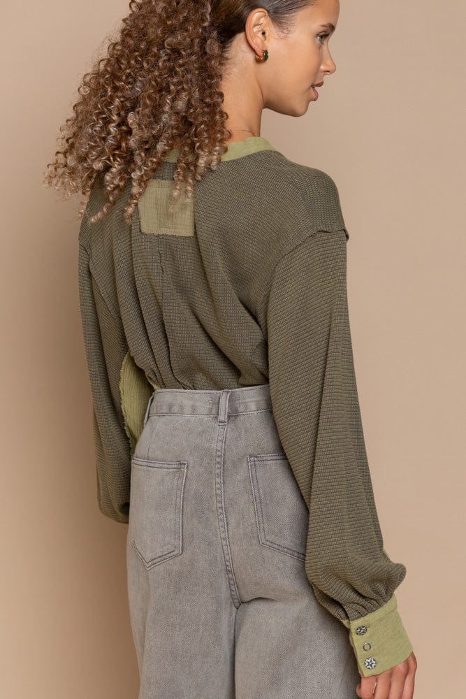 POL Clothing V-Neckline with Buttons, Long Sleeve Top in Oversized Fit