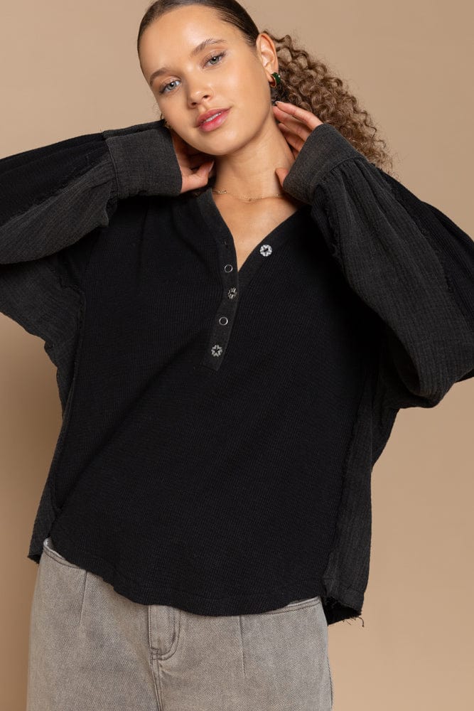 POL Clothing V-Neckline with Buttons, Long Sleeve Top in Oversized Fit
