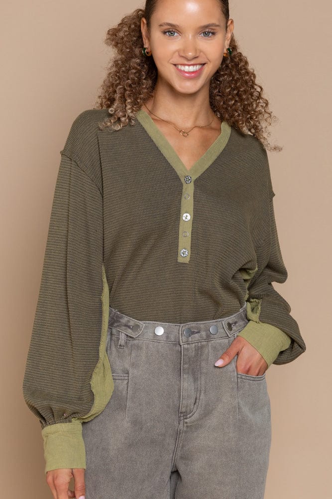 POL Clothing V-Neckline with Buttons, Long Sleeve Top in Oversized Fit