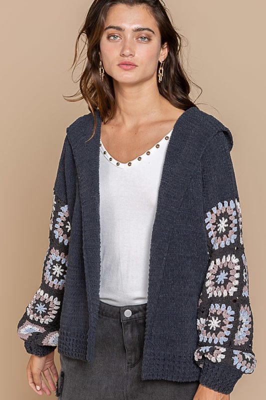 POL Sweater Cardigan with Hand-Crafted Knitting Panel Sleeve