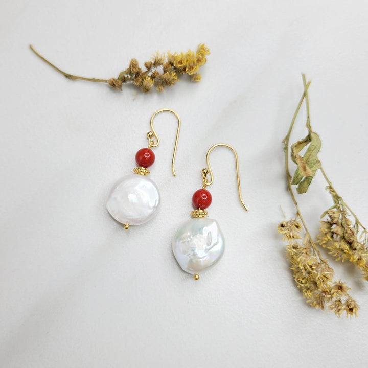 Handmade Dangle Earrings with Bright Red Vintage Beads and Freshwater Pearl Coins  for Pierced Ears