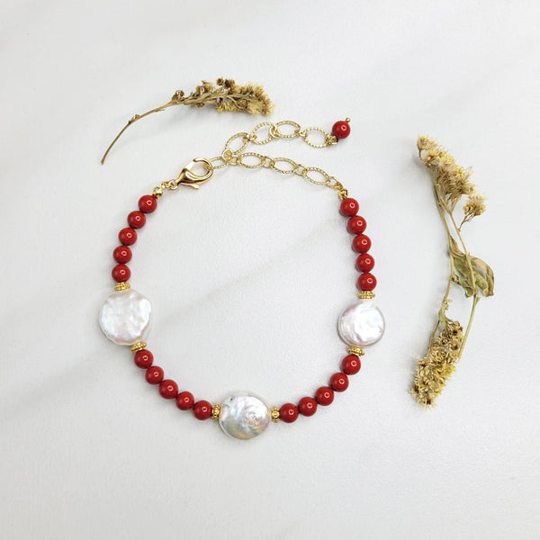 Poppies and Pearls Handmade Bracelet with Vintage Beads and Freshwater Pearls