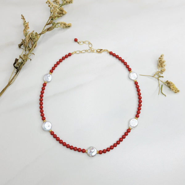 Handmade Necklace with Bright Red Vintage Beads and Freshwater Pearl Coins