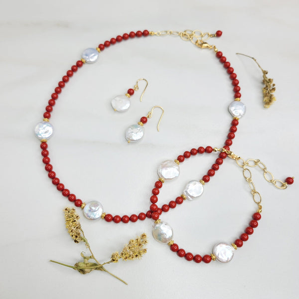Poppies and Pearls Necklace Handmade with Vintage Beads and Freshwater Pearls