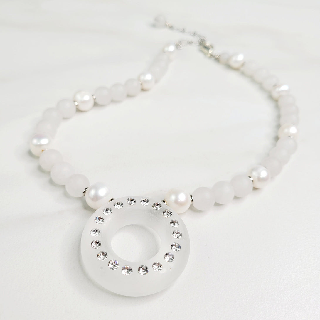 Pure Temptation Necklace with Sparkling Vintage Centerpiece, Frosted Clear Quartz, and Freshwater Pearls