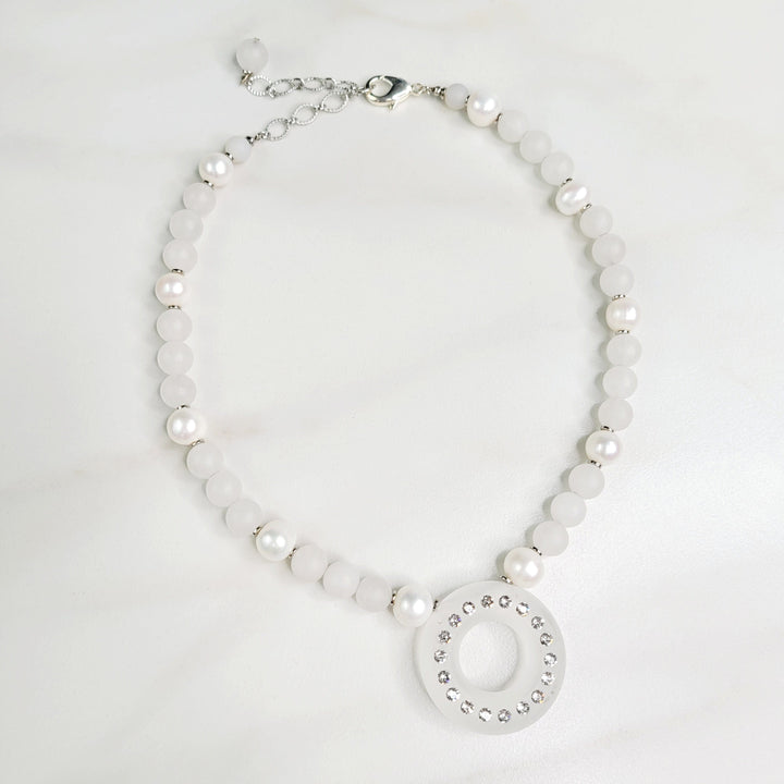 Pure Temptation Necklace with Sparkling Vintage Centerpiece, Frosted Clear Quartz, and Freshwater Pearls
