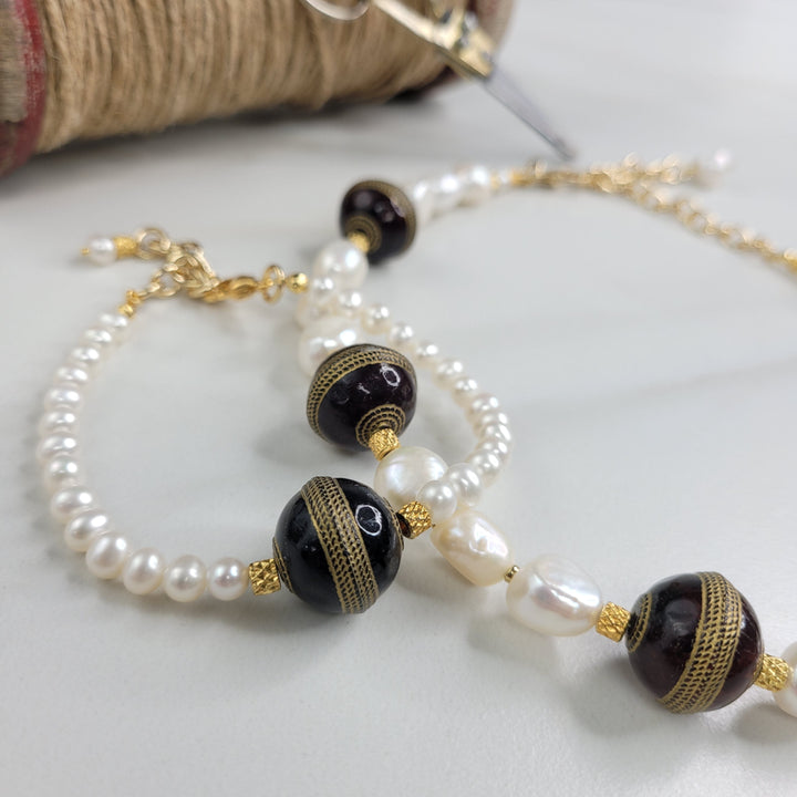 Queen Eleanor Bracelet with Freshwater Pearls and a Vintage Bead