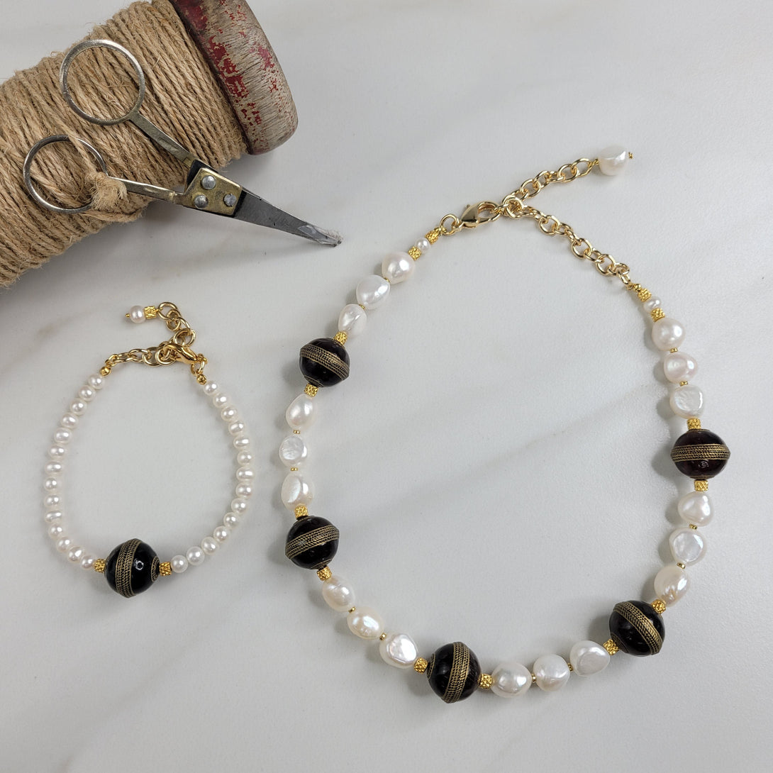Handmade Necklace with Freshwater Pearls and Vintage Beads