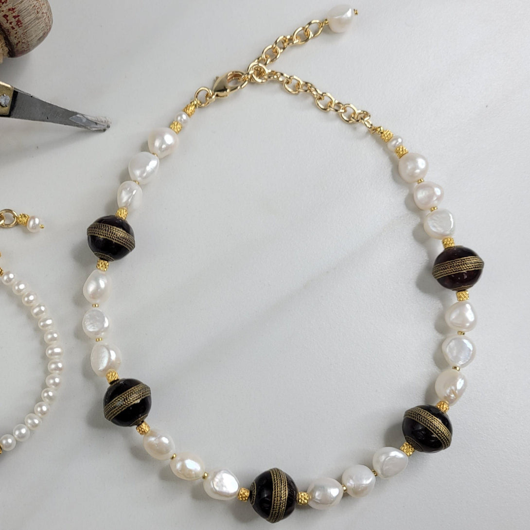 Queen Eleanor Necklace with Freshwater Pearls and Vintage Beads