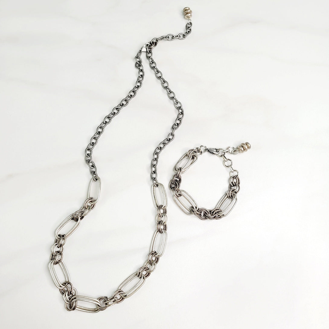 Ramone Mixed Cable Chain Long Necklace in Antique Silver