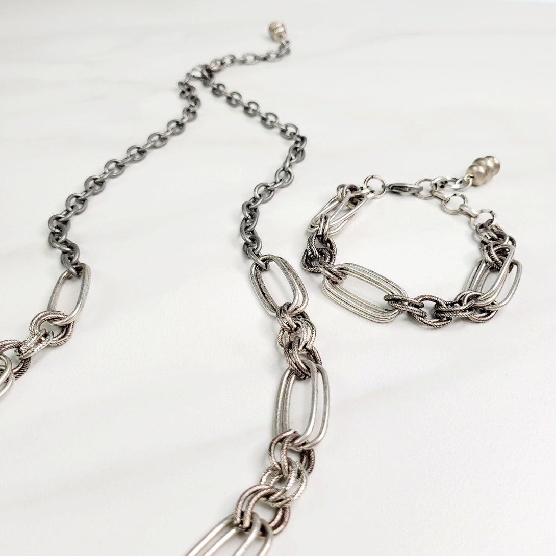 Ramone Mixed Cable Chain Long Necklace in Antique Silver