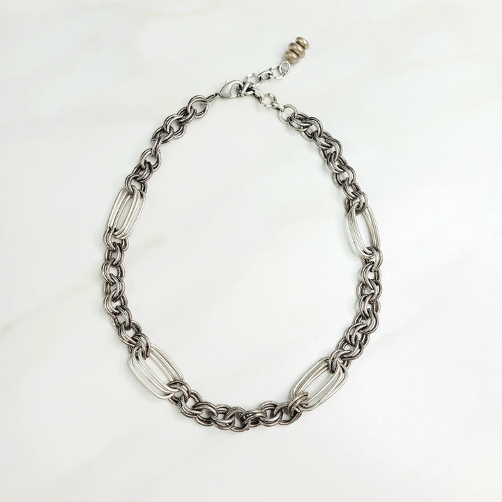Ramone Mixed Cable Chain Short Necklace in Antique Silver