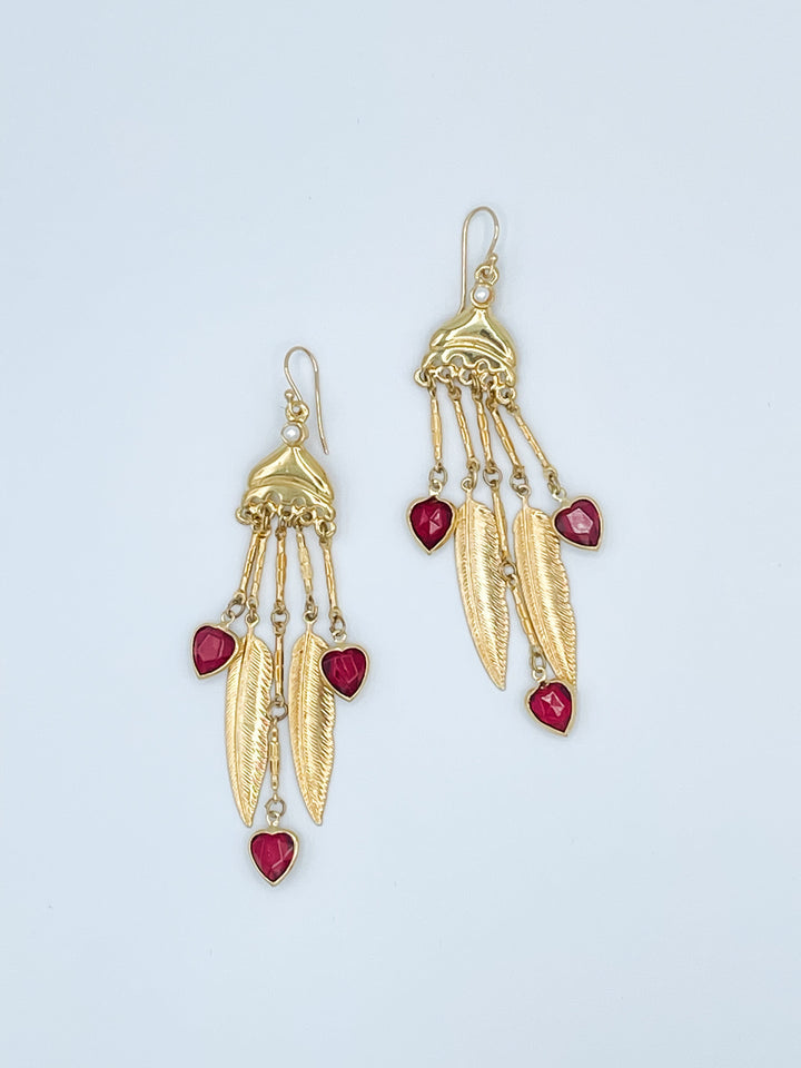 Raphael Vintage Earrings with Gold Feathers and Crystal Hearts