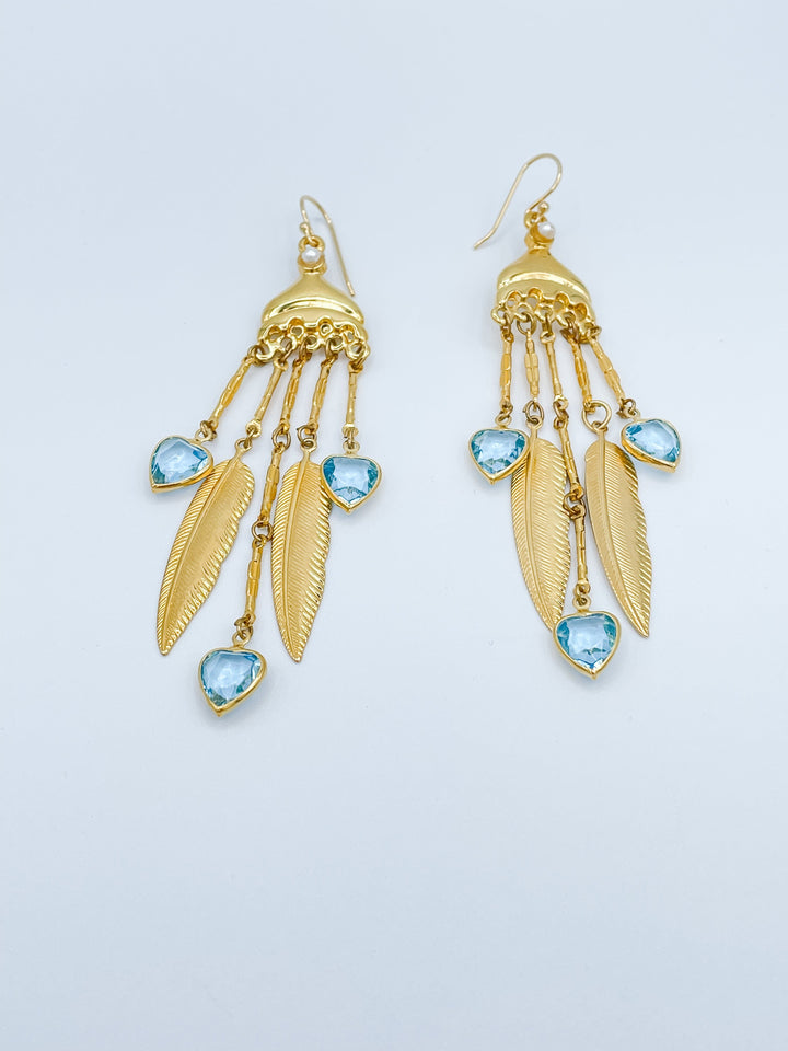Raphael Vintage Earrings with Gold Feathers and Crystal Hearts
