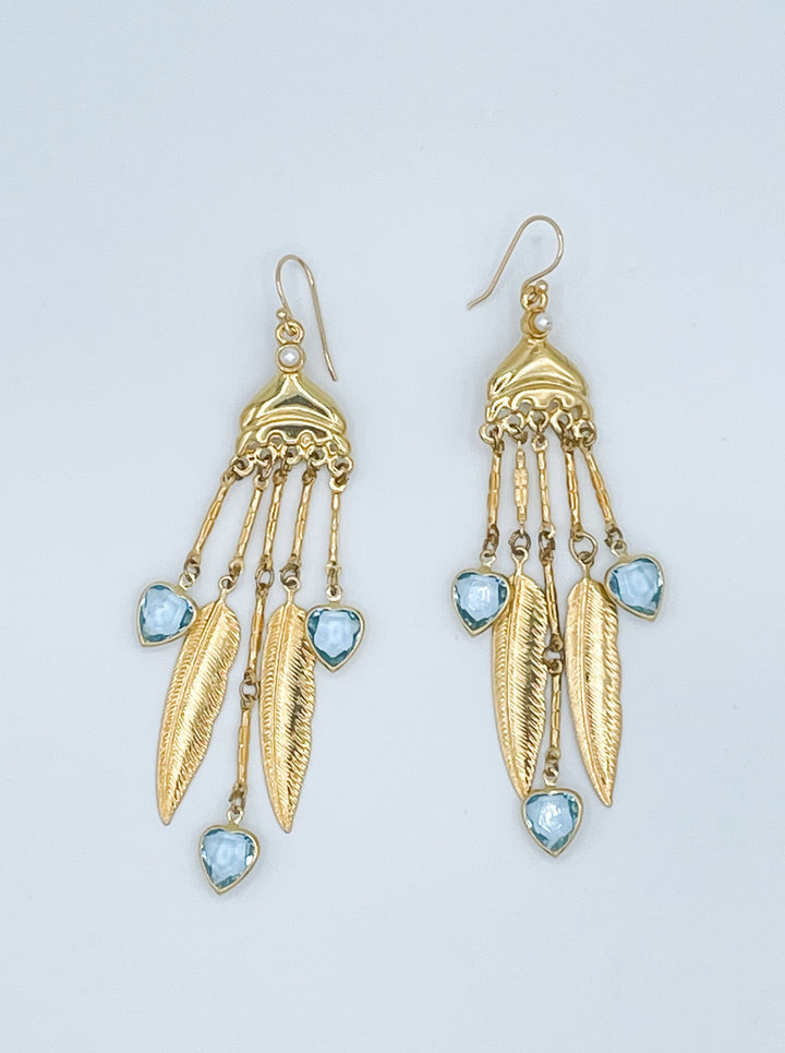 Raphael Vintage Earrings with Gold Feathers and Crystal Hearts