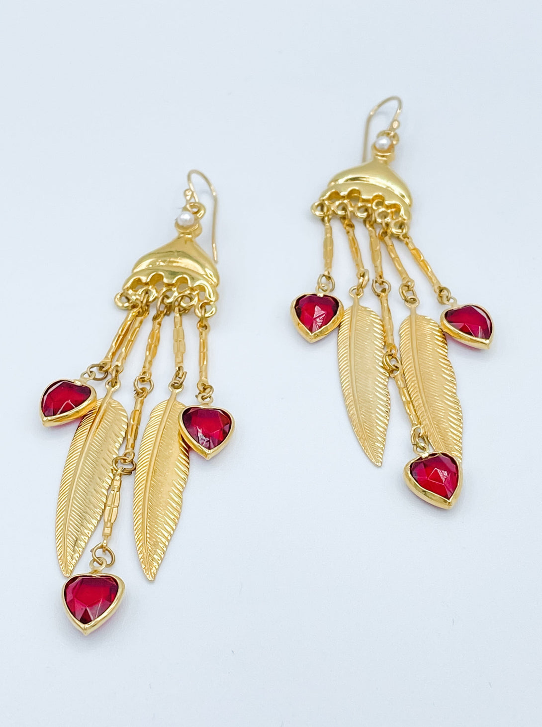 Raphael Vintage Earrings with Gold Feathers and Crystal Hearts