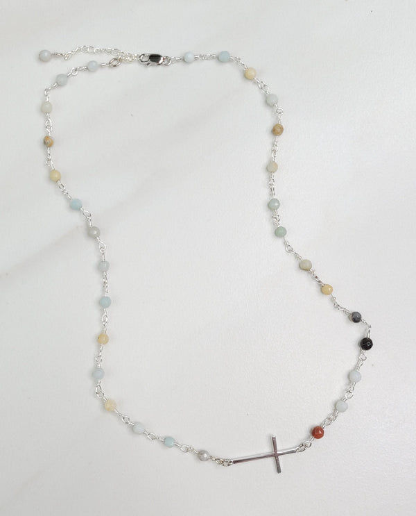 Rejoice Necklace Jasper and Amazonite Gemstones and Sideways Cross Charm