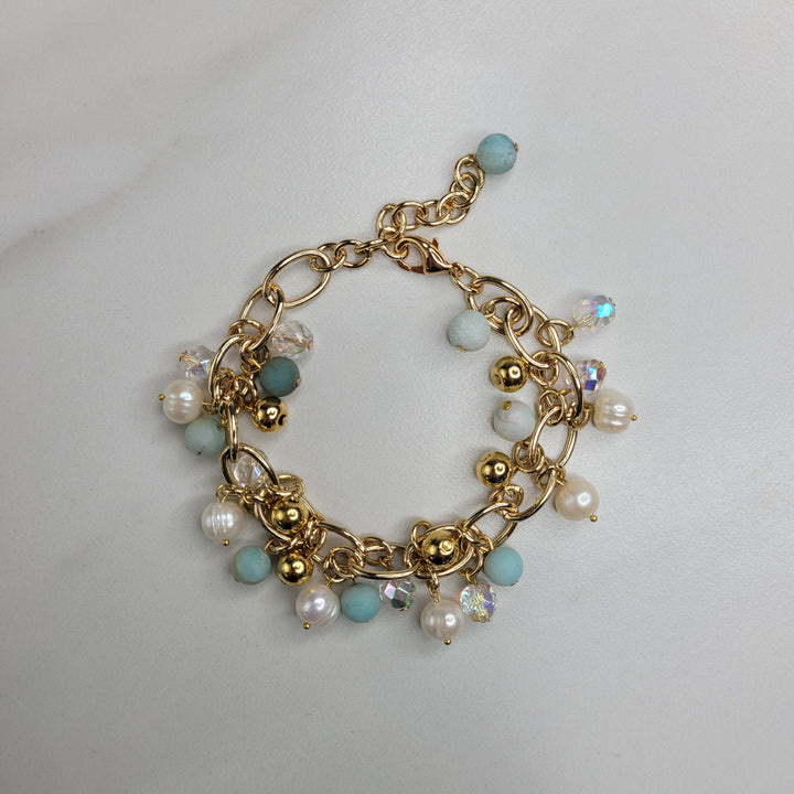 Handmade Bracelet with Amazonite, Freshwater Pearls, and Faceted Crystals