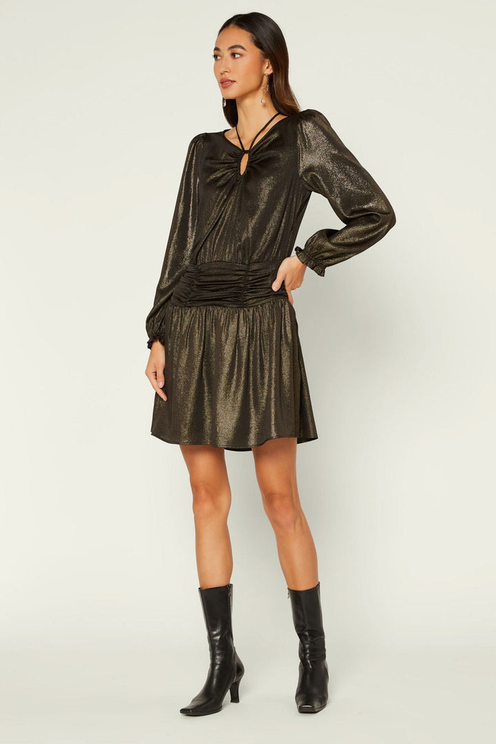 Ruched Detail Mini Dress with Key Hole Neck