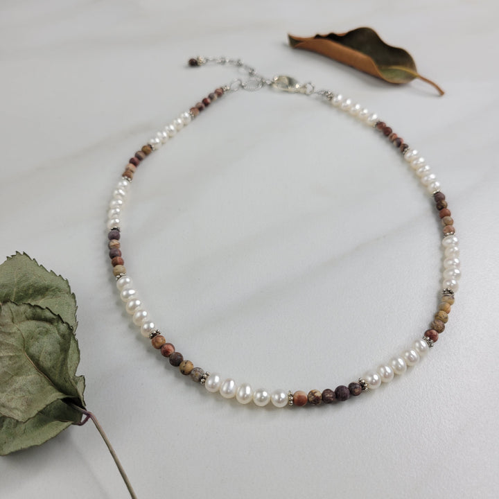 Samara Necklace Handmade with Freshwater Pearls and Matte Rhyolite Beads