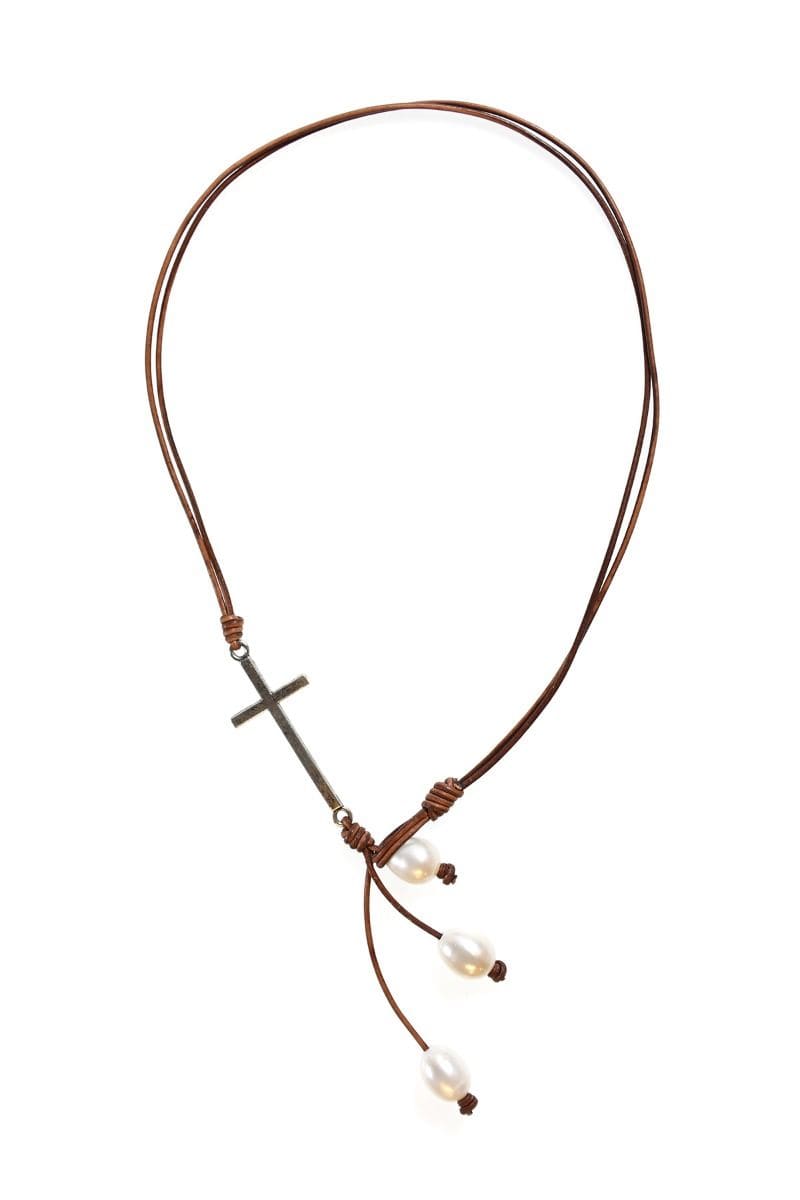 Short Leather Cord Necklace with Cross and Pearls