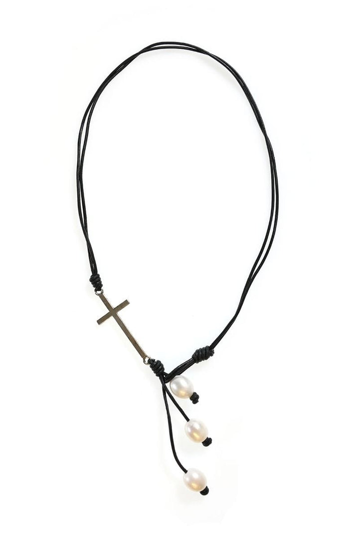Short Leather Cord Necklace with Cross and Pearls