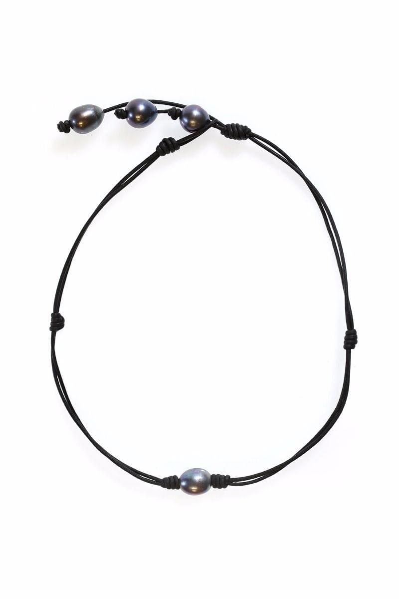 Short Leather Cord Reversible Necklace with Freshwater Pearls