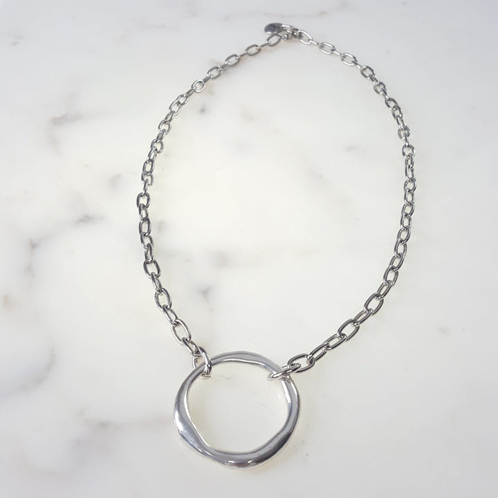 Silver Necklace with Large Circle Silver Pendant
